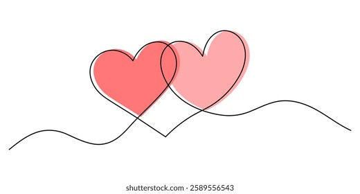 Two intertwined hearts in a continuous line drawing. Simple line art of two overlapping hearts for Valentine's Day. Vector illustration