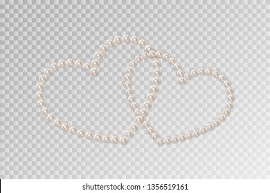 Two intertwined hearts isolated on transparent background. Realistic white pearls. Pearl chains. Beautiful natural heart shaped jewelry. Frame thread of pearls. Pearl necklace. Vector illustration - Powered by Shutterstock - Get 15% off with code: PIKWIZARD15
