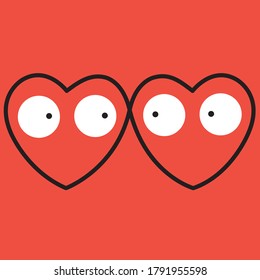 Two Intertwined Hearts Made Of Endless Line With Surprised Eyes Inside On Red Background. Infinite Valentine Love Concept Card Character illustration