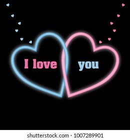 Two intertwined hearts that glow like neon lights to say I love you on Valentine's Day.
A pink heart for the girl and a blue heart for a boy on a black background.