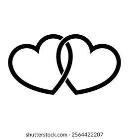 Two intertwined hearts vector icon. Romantic symbol for love, weddings, and Valentine’s Day designs. Black silhouette isolated on white background.