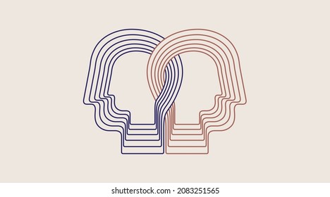 Two intertwined human heads. Collaboration people. Concept of interpersonal relationships, empathy, understanding. Line design, editable strokes. Vector illustration. - Shutterstock ID 2083251565
