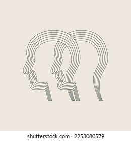 Two intertwined human heads. Concept of empathy and interpersonal relationships. Line design, editable strokes. Vector illustration.