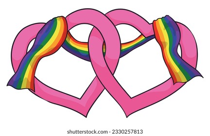 Two intertwined pink hearts covered with rainbow flag to celebrate love. Cartoon style design on white background.