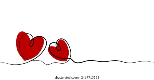 dos corazones rojos entrelazados conectados por una línea negra que fluye sobre un fondo blanco, simbolizando el amor y la unión. Amplio espacio blanco rodea los corazones, perfecto para añadir texto personalizado