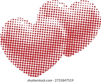 Dos corazones rojos entrelazados representados en un patrón de puntos semitonos, que simbolizan la conexión, la relación y el amor compartido.