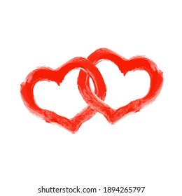 two intertwined red hearts drawn with a brush on a white background