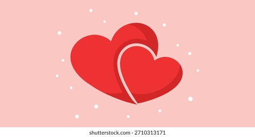 Dos corazones rojos entrelazados sobre un fondo rosa suave con sutiles puntos blancos, que simbolizan el amor y la conexión.