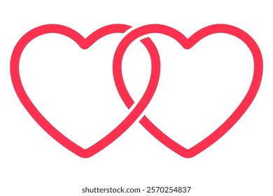 Two intertwined red hearts symbolize love and connection, minimal design in cute vector style for Valentine's Day, romance and affection concepts, isolated icon on white background