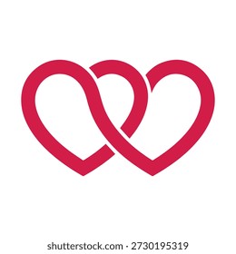 Zwei miteinander verflochtene rote Herzen, die Liebe und Einheit symbolisieren, in einem minimalistischen Grafikdesign-Stil mit gewagten Umrissen