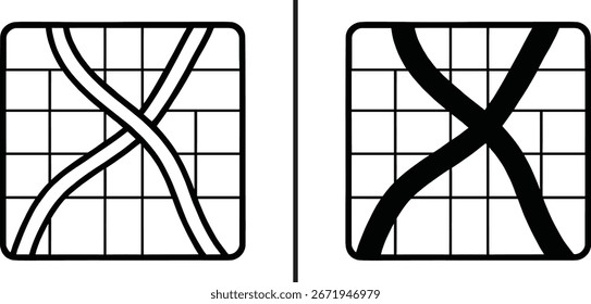 Two intertwined wavy lines on a grid map vector icon design
