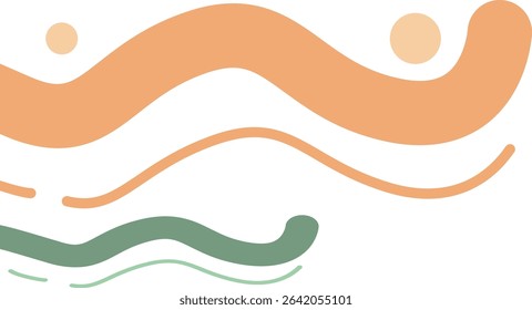 Two intertwined wavy lines in orange and green, creating a sense of movement and energy in a bold, abstract composition.