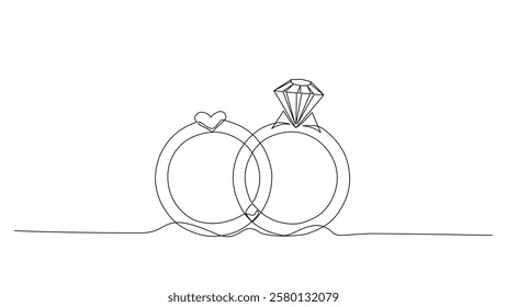 Two intertwined wedding rings in a continuous one line vector. One has a diamond, the other a heart, symbolizing love and commitment. Minimalist, elegant, Editable stroke.