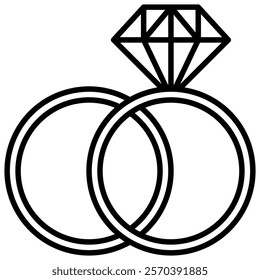 Two intertwined wedding rings with a diamond line art icon illustration. Perfect for wedding invitations, anniversary cards, and romantic designs.