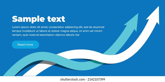 Two intertwined white and blue arrows on a blue background with a block of text and a button. Banner or flyer template for advertising. The trend is up. growing up