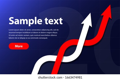 two intertwining arrows trend up on a dark background with text and a button vector eps