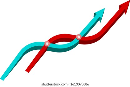 Two interwoven colored 3D volumetric arrows red and blue pointing up white background vector