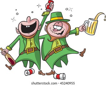 Two intoxicated cartoon Leprechauns partying on. Each Leprechaun, bubbles and beer cans are all on separate layers.