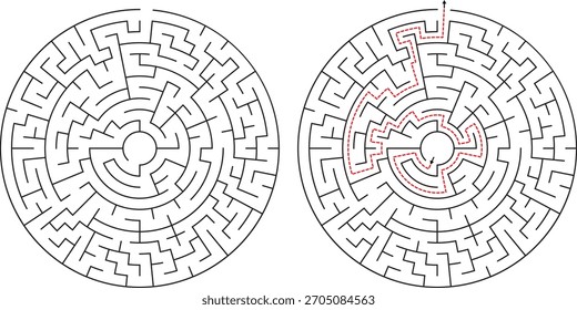 Dois intrincados labirintos circulares são apresentados lado a lado, cada um com uma estrutura interna única e um caminho de solução destacado à direita.