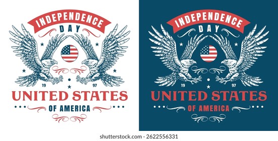 Duas intrincadas ilustrações de águia representam o Dia da Independência dos Estados Unidos. Cada desenho apresenta um esquema de cores patriótico e um texto em negrito mostrando o significado da celebração.