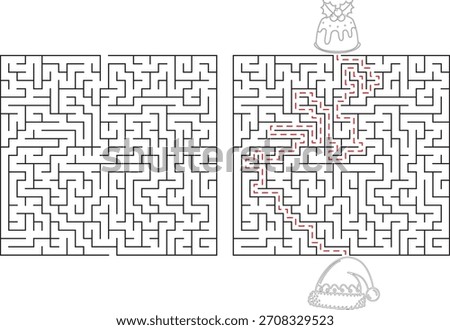 Two intricate mazes are shown side by side. The right maze displays a red line indicating the solved path from start to finish.