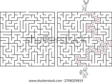 Two intricate mazes are shown side by side. The right maze displays a red line indicating the solved path from start to finish.