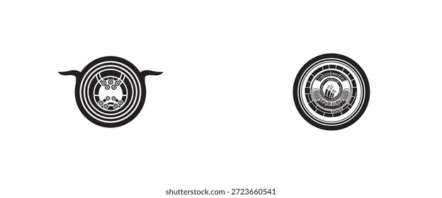 Zwei komplexe, symmetrische Schwarz-Weiß-Embleme mit konzentrischen geometrischen Ringen. Die linke Sigil hat organische Horn-ähnliche Erweiterungen; Die Rechte ist ein dichtes, technisches High-Tech-Mandala.