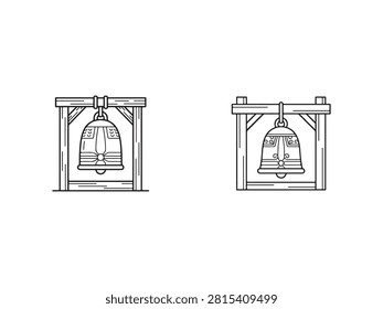 Two intricately designed line art illustrations of traditional church bells hanging within wooden belfries, perfect for religious or historical projects.
