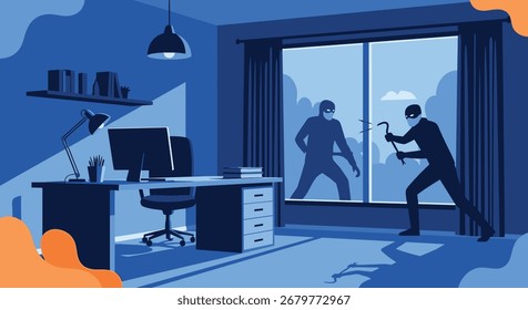 Dois intrusos tentam invadir um escritório à noite.