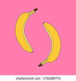 Two inverted bananas on a pink background