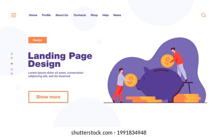 Two investors putting coins in piggybank. Bank, money, income flat vector illustration. Finance and investment concept for banner, website design or landing web page