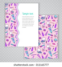Two invitation card design with makeup illustration background. Vector design template for card, letter, banner, menu. Fashion cosmetics pattern under mask.