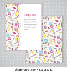 Two invitation card design with makeup illustration background. Vector design template for card, letter, banner, menu. Fashion cosmetics pattern under mask.