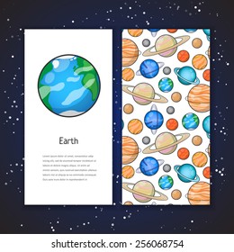 Two invitation card design with planet illustration and space background. Vector design template for card, letter, banner. Planets pattern under mask.