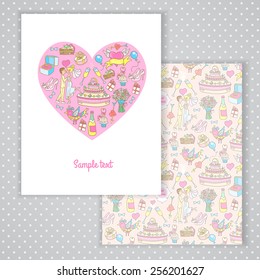 Two invitation card design with romantic wedding illustration background. Vector design template for card, letter, banner, menu. Love pattern under mask.