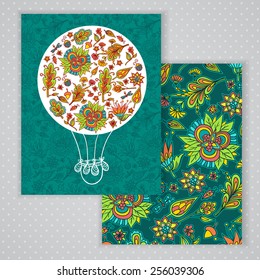 Two invitation card design with spring floral illustration background. Vector design template for card, letter, banner, menu. Nature pattern under mask.