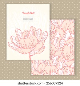 Two invitation card design with spring flower illustration and background. Vector design template for card, letter, banner, menu. Floral wedding pattern under mask.