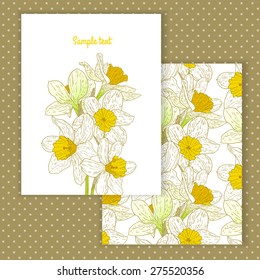 Two invitation card design with spring narcissus flower illustration and background. Vector design template for card, letter, banner, menu. Floral wedding pattern under mask.
