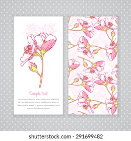 Two invitation card design with spring flower illustration and background. Vector design template for card, letter, banner, menu. Floral wedding pattern under mask.