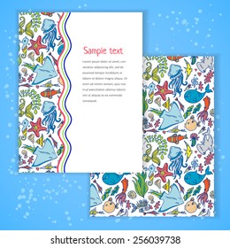 Two invitation card design with summer sea creatures background. Vector design template for card, letter, banner, menu. Ocean wildlife animal and fish pattern under mask.