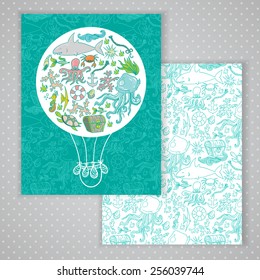 Two invitation card design with summer sea creatures background. Vector design template for card, letter, banner, menu. Ocean wildlife animal and fish pattern under mask.