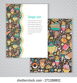 Two invitation card design with tea party illustration background. Vector design template for card, letter, banner, menu. Sweets pattern under mask.