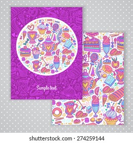 Two invitation card design with tea party illustration background. Vector design template for card, letter, banner, menu. Sweets pattern under mask.