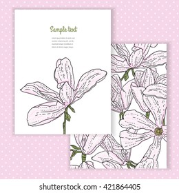 Two invitation card with spring magnolia flower illustration and background. Vector design template for card, letter, banner, menu. Floral wedding pattern under mask.