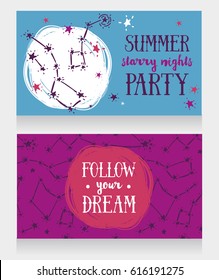 two invitation cards for starry party, sketch constellation, funky colors, vector illustration