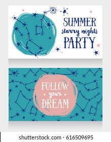 two invitation cards for starry party, sketch constellation, blue and pink colors, vector illustration