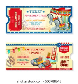 Two invitation tickets to carnival in amusement park with date of event and funfair decorative elements flat vector illustration