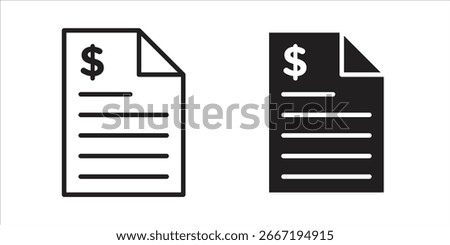 Two invoice icons, one black and one white, featuring a dollar sign and lines for itemized details, isolated on white background.