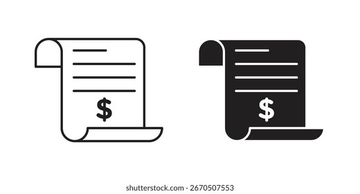Dos íconos de Factura, un estilo de línea y uno sólido, ambos con un signo de dólar, aislados en blanco.