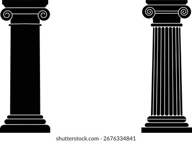 Duas silhuetas de coluna de ordem iônica, uma simples e outra canelada, isoladas sobre um fundo branco. Elemento de projeto arquitetônico.
